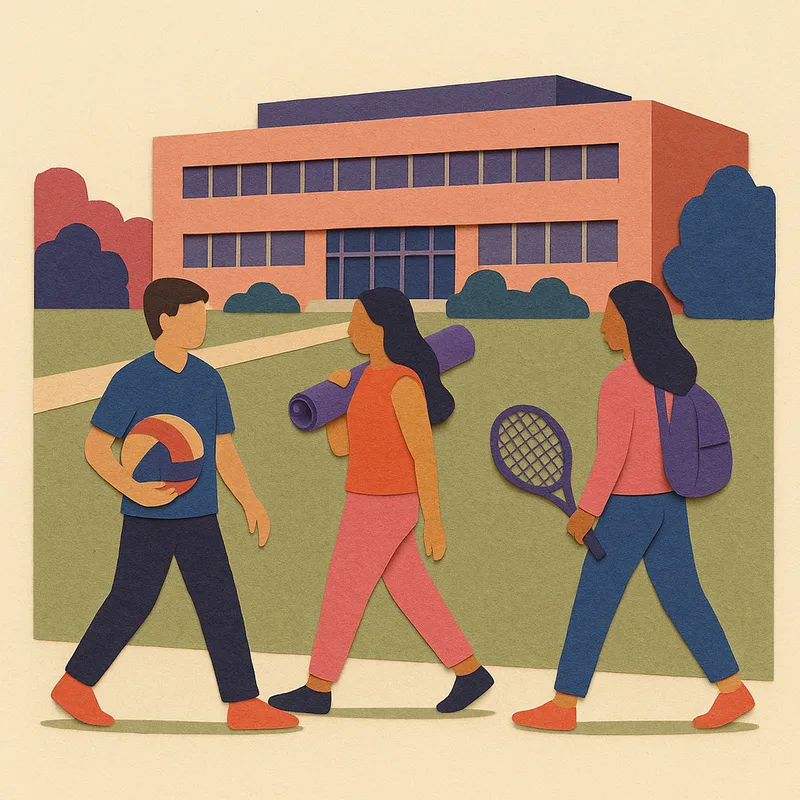 Drei Studierende mit Volleyball, Yogamatte und Tennisschläger gehen über den Campus vor einem Hörsaalgebäude.