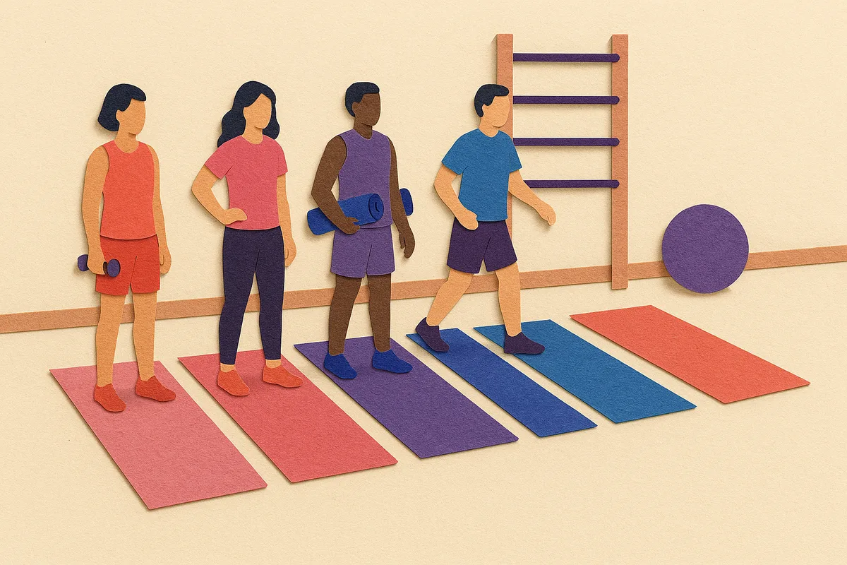 Eine Reihe Gymnastikmatten in der Halle. Vier Menschen haben ihren Platz eingenommen, die letzten Matten sind noch frei.